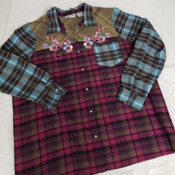 Blair Tops Blair Vintage Mix Plaid Floral Embroidered Flannel Large